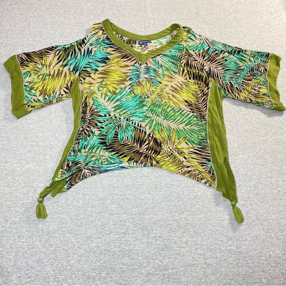 Democracy Women L Boho Top Green Tropical Cold Shoulder Tassel Hem V-Neck Blouse - Picture 8 of 16